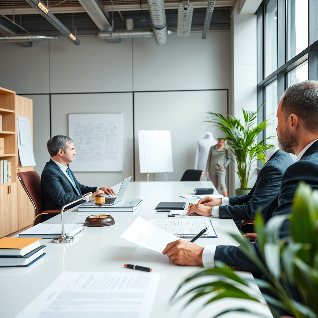 Современный офис с документами трудового законодательства, юристы изучают новые изменения в Трудовом кодексе РФ 2024 года