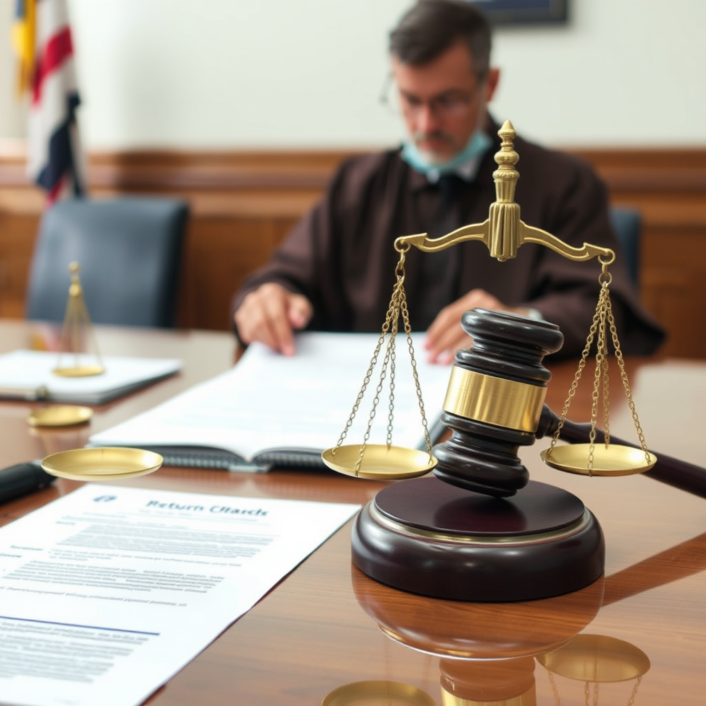 Судебное заседание по делу о защите прав потребителей, судья рассматривает документы о возврате товара, весы правосудия на столе