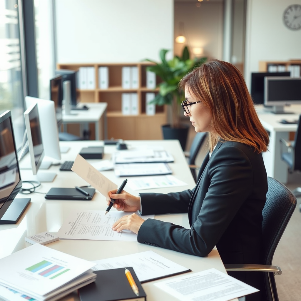 Современный офис с юристами, работающими над корпоративными документами, деловая атмосфера с документами и компьютерами