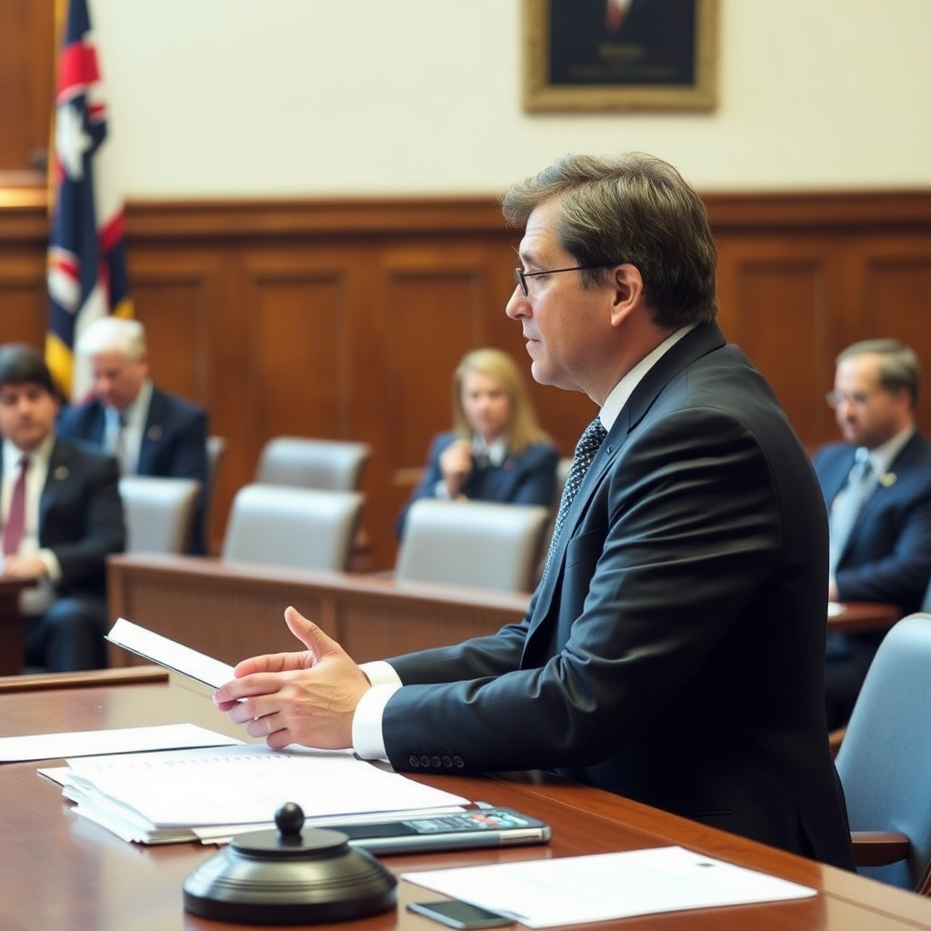 Профессиональный адвокат выступает в зале суда, защищая права подзащитного в уголовном процессе