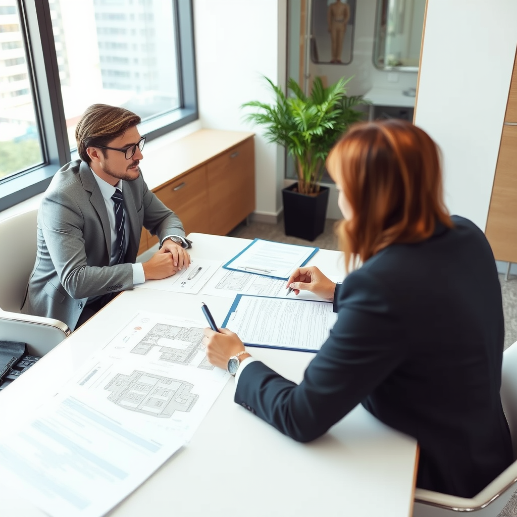 Профессиональные юристы проводят консультацию по сделкам с недвижимостью в современном офисе, на столе лежат документы и планы зданий
