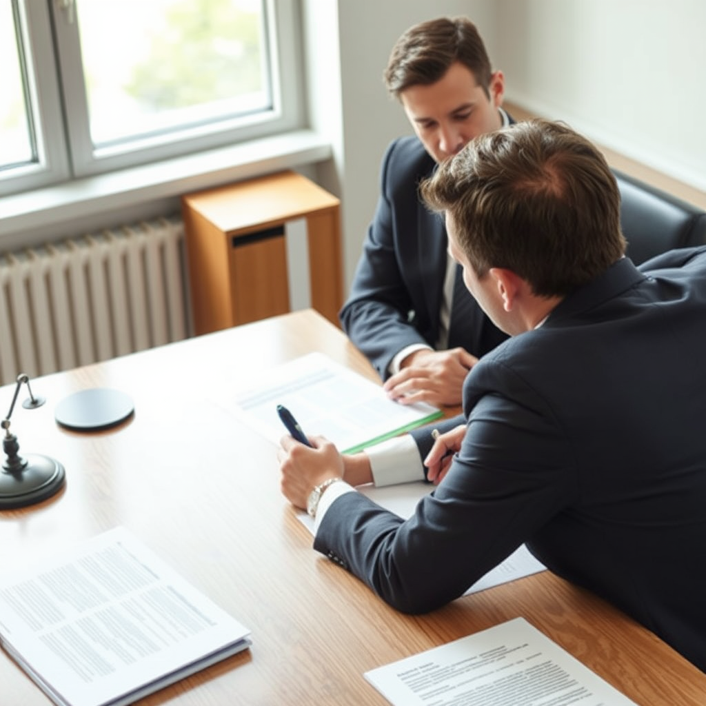 Юрист консультирует работника по вопросам защиты трудовых прав, документы и законодательные акты на столе
