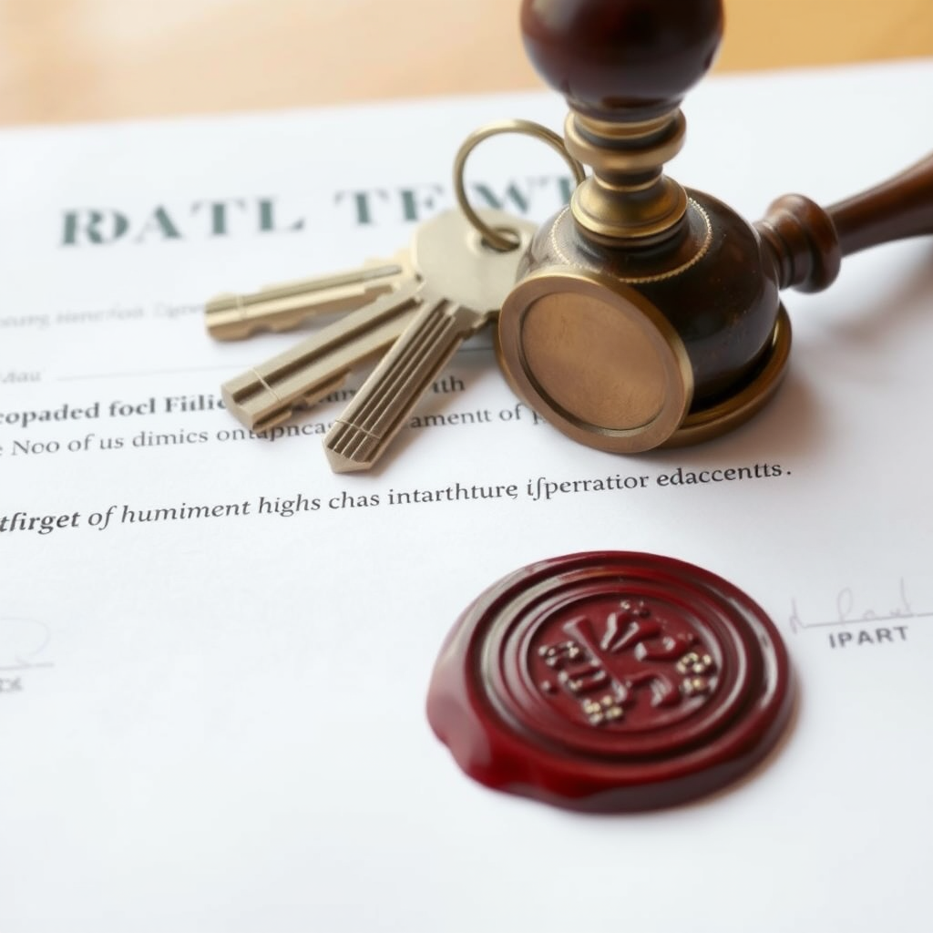Нотариальные документы, свидетельство о праве на наследство, ключи от квартиры и печать нотариуса на столе