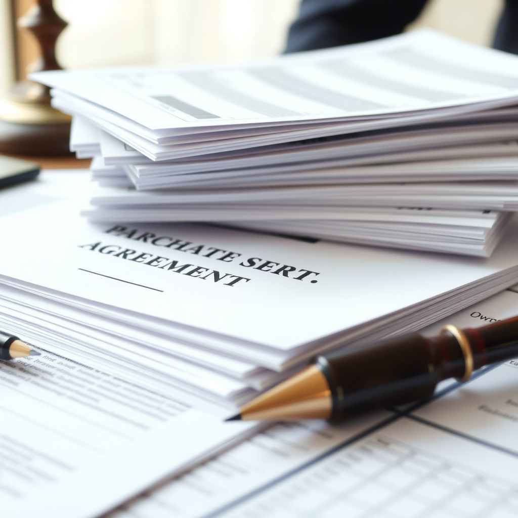 Стопка юридических документов по недвижимости, договоры купли-продажи, свидетельства о праве собственности на столе юриста