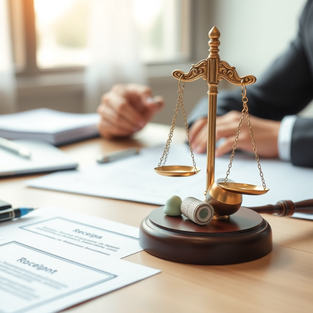 Весы правосудия и документы о защите прав потребителей, чек и товар на столе в юридической консультации