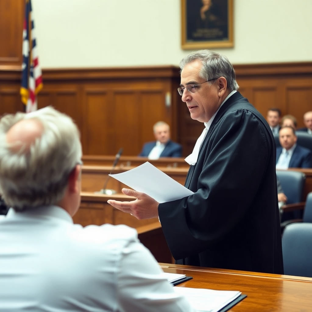 Опытный адвокат в мантии выступает в зале суда перед судьей, защищая клиента по уголовному делу