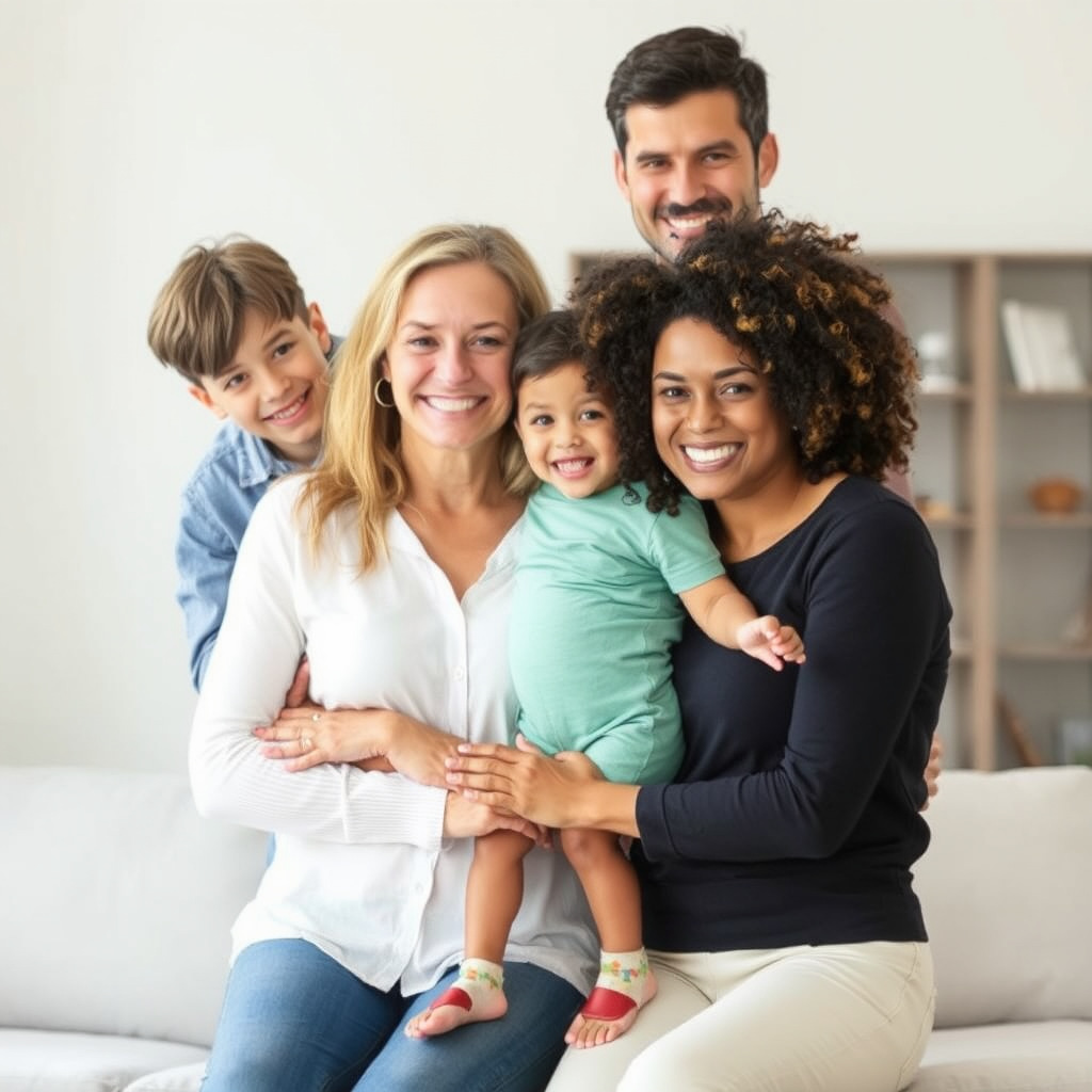 Счастливая семья с детьми после успешного решения семейного спора с помощью профессиональных юристов