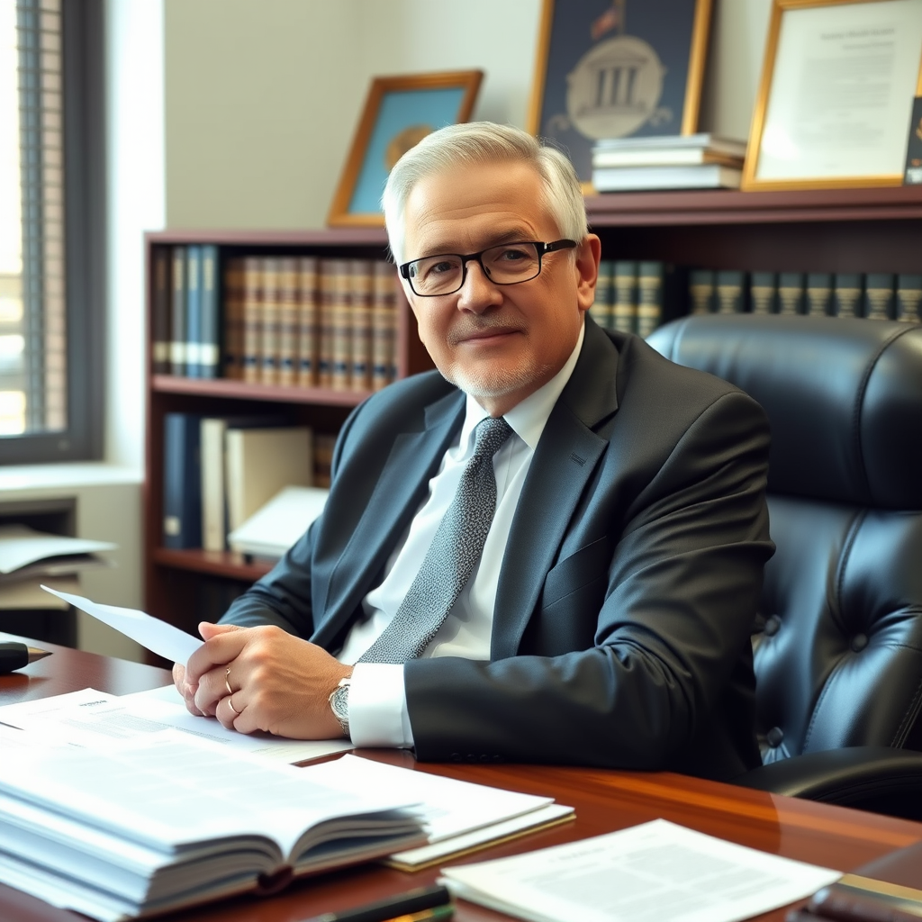 Опытный адвокат по уголовным делам в рабочем кабинете с юридической литературой и документами