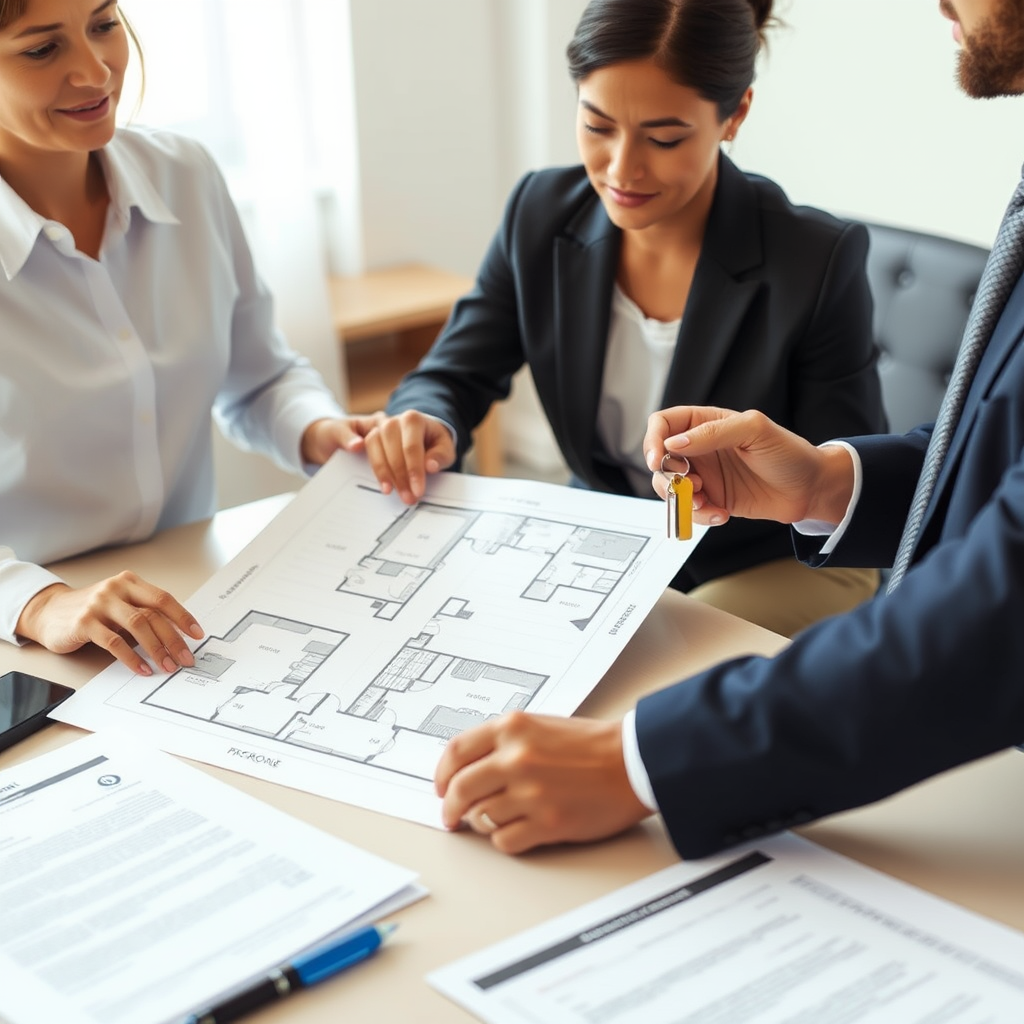 Юрист показывает клиентам план квартиры и ключи от новой недвижимости, на столе лежат документы о собственности и договоры купли-продажи