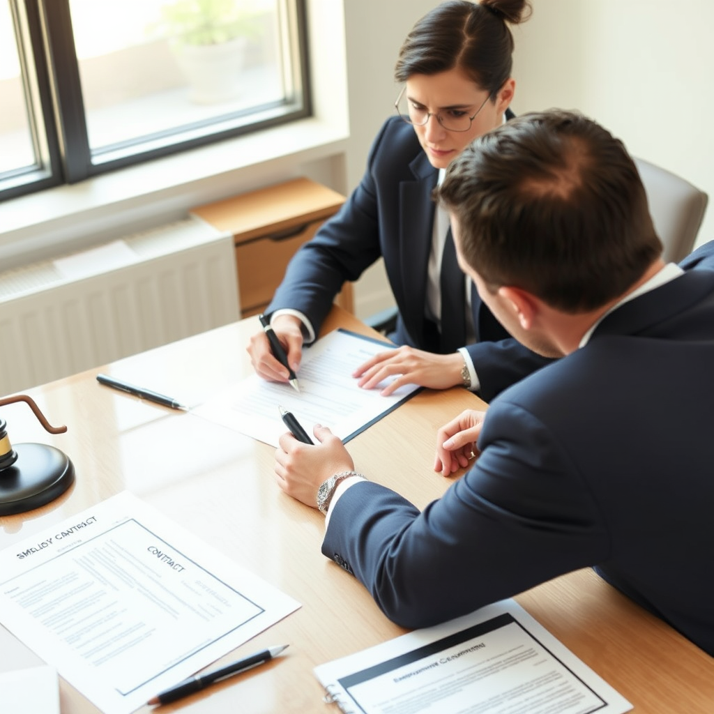 Юрист консультирует работника по трудовым вопросам, на столе лежат трудовые договоры и документы о заработной плате